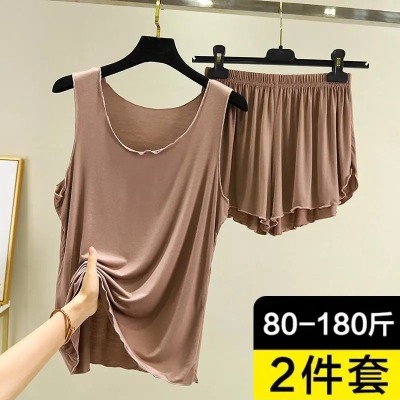 现货 冰丝睡衣女夏套新大码短裤吊带套装打底居家休闲背心两件套