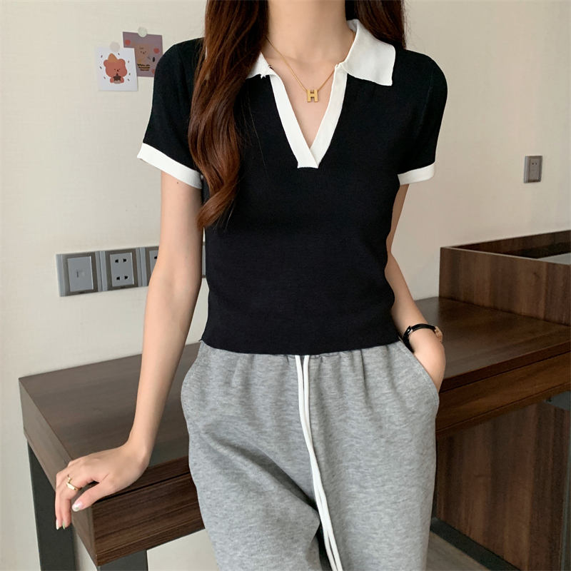 Summer new design versatile contrasting color slimming lapel knitted top T-shirt for women