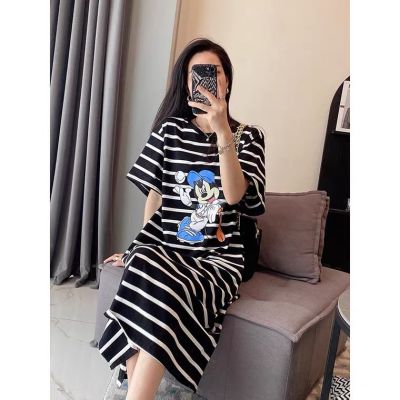卡通印花条纹连衣裙女夏季大码中长款t恤裙子2022新款欧洲站欧货