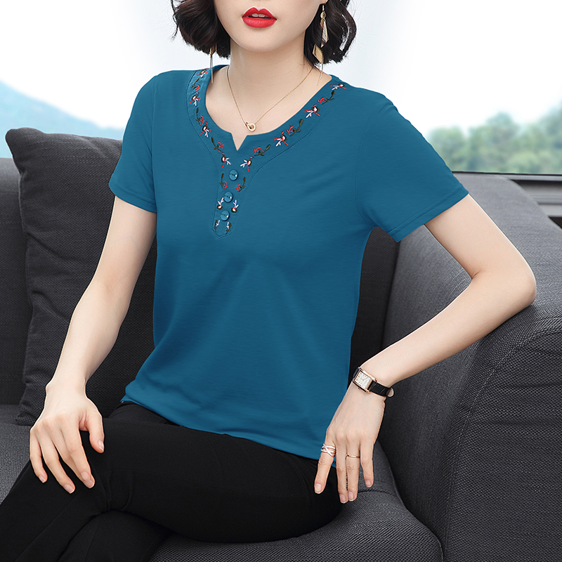 MY8084# 纯棉短袖T恤女刺绣宽松百搭体恤衫女士圆领上衣女裝貨源服裝批發