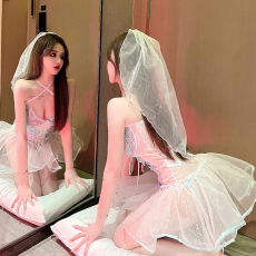 批发实价实拍 性感蕾丝透视吊带低胸连衣裙套装角色扮演<b class='q'>新娘</b>装送<b class='q'>头纱</b>