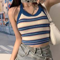 批发法式小心机条纹短款<b class='q'>露</b><b class='q'>脐</b>挂脖针织小<b class='q'>背心</b>女后背蝴蝶结系带吊带衫夏