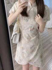 2023夏季新款法式国风复古新中式改良旗袍长短款连衣裙女气质短袖