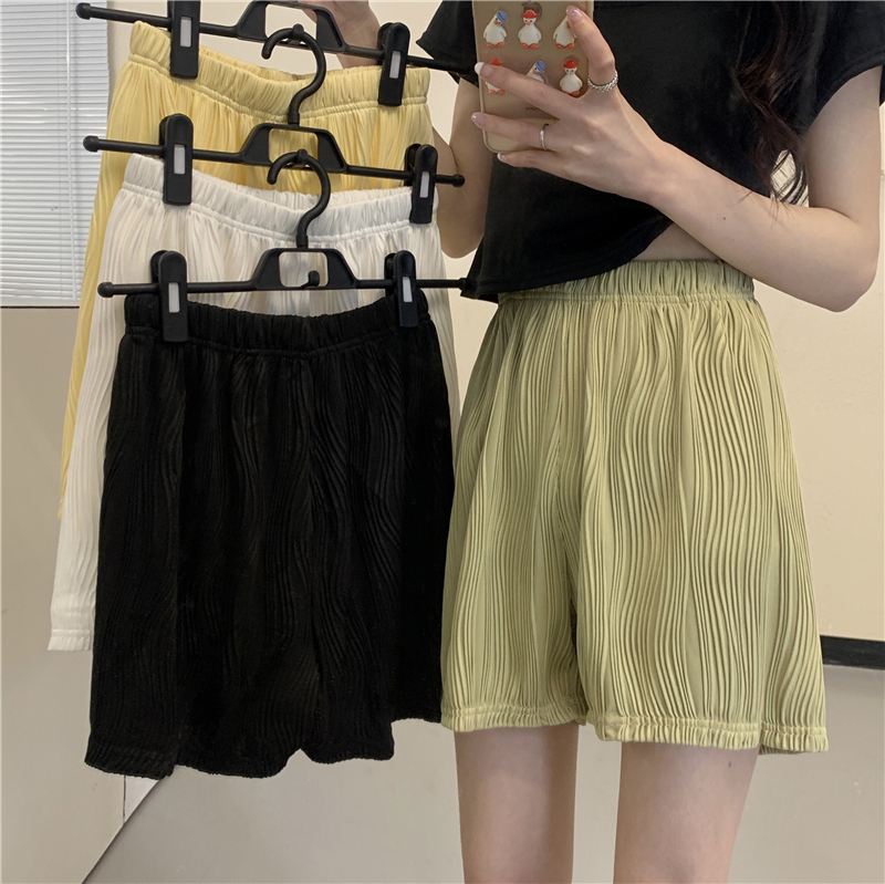 實拍 真 夏季新款肌理線條闊腿褲高腰寬鬆垂感直筒短褲女