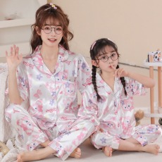 批发儿童睡衣女士甜美冰丝女孩短袖长裤宝宝<b class='q'>母女</b>睡衣家居服亲子套装