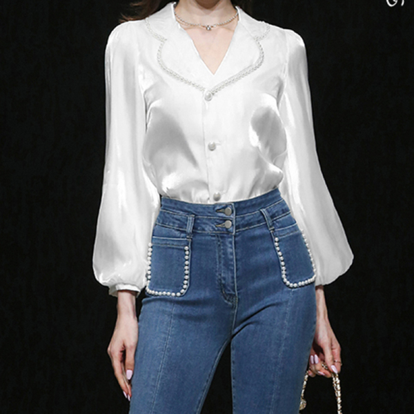 KM19844#新款时尚女装气质珍珠领灯笼袖光面OL风丝滑感白色衬衫