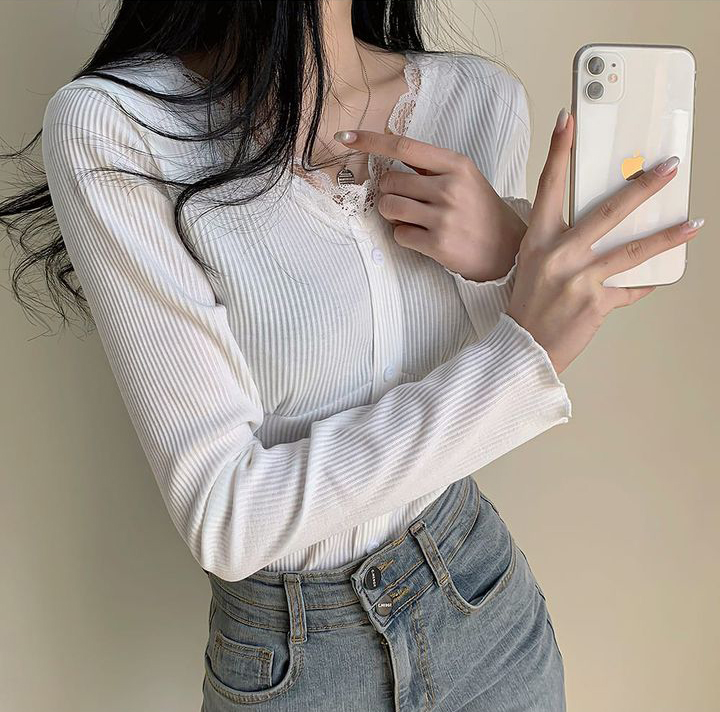 있음 선적 chic 패션 V넥 레이스 조각 긴팔 기본 셔츠