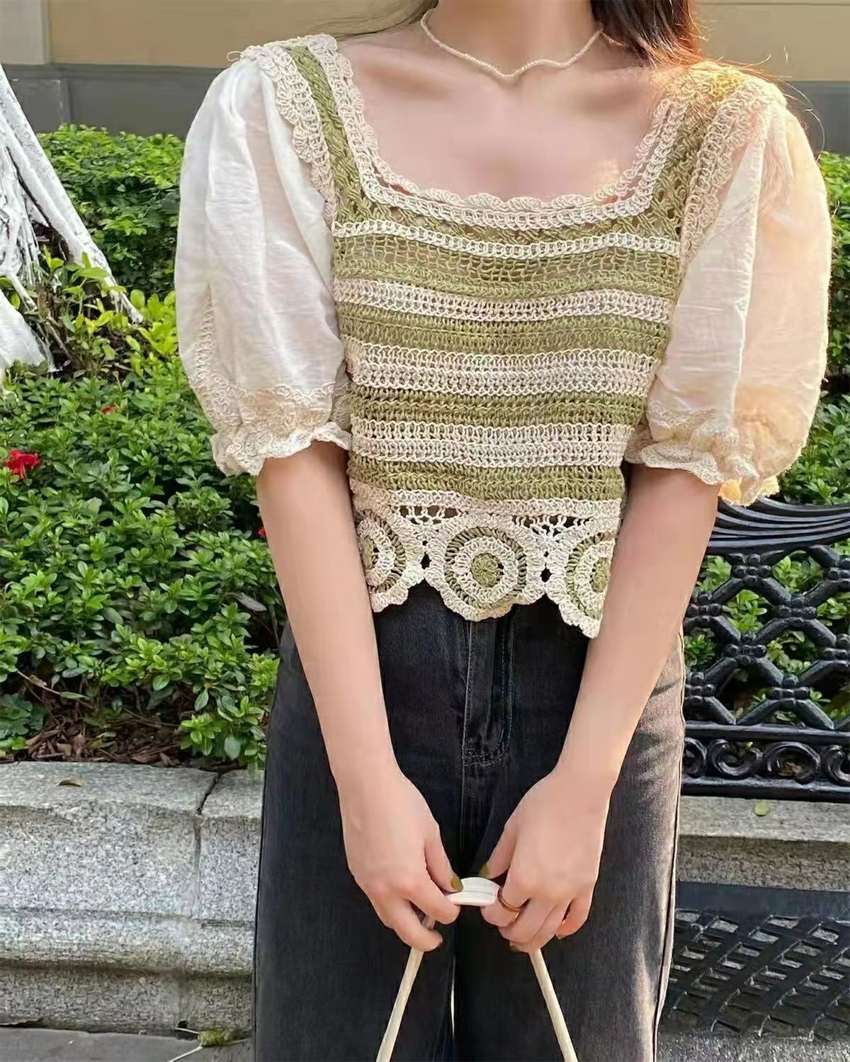 韓國東大門新款時尚百搭短袖氣質2024季方領拼接上衣女潮流