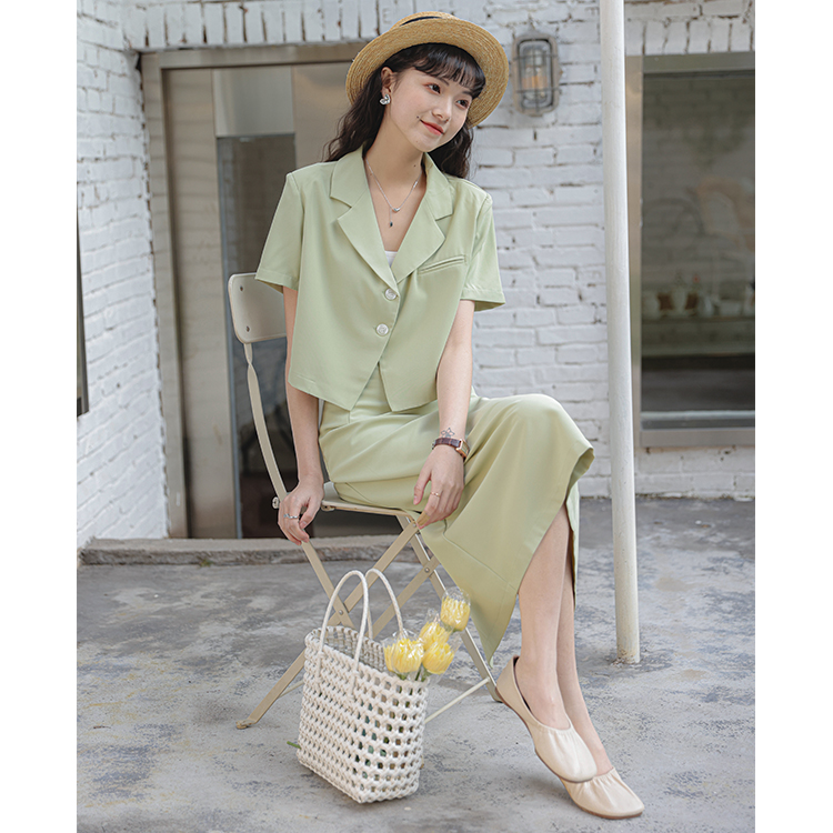FA29155# 奶油绿西装套装女夏季薄款设计感盐系炸街西服中长裙 服裝批發女裝批發服飾貨源