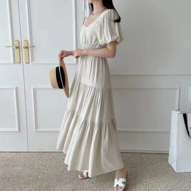 한국식 시크한 여름 소량 퍼프소매 셔링 원피스 상세 이미지 19