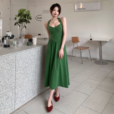 批发大码微胖自制长款收腰显瘦挂脖连衣裙女夏季法式复古气质裙子