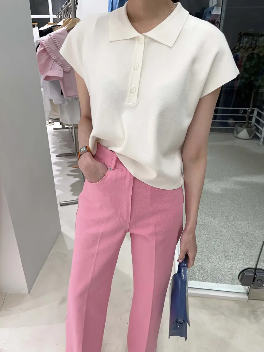 폴드 칼라 폴리에스터 니트 티셔츠 상세 이미지 2