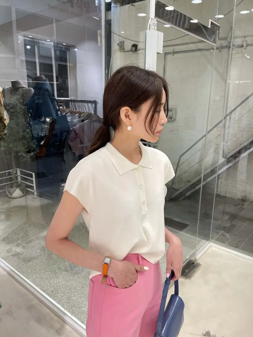 폴드 칼라 폴리에스터 니트 티셔츠 상세 이미지 8