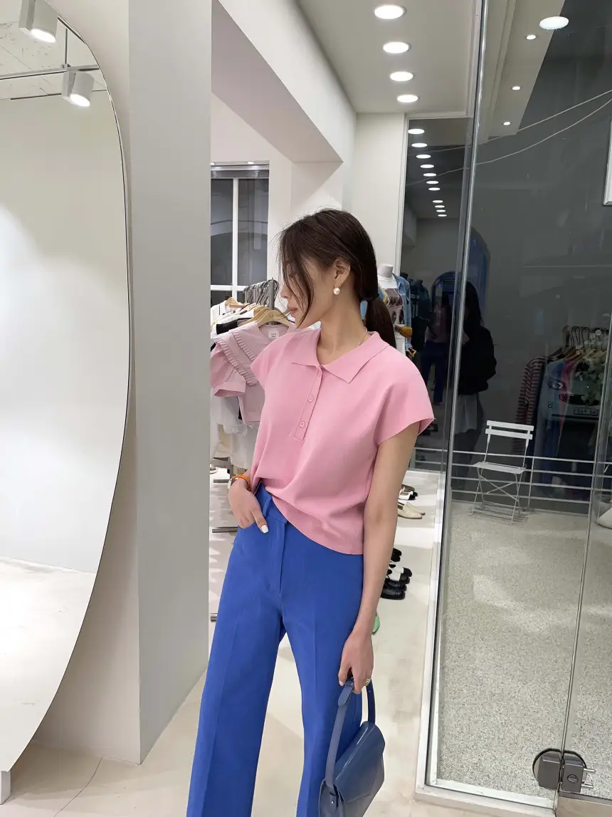 폴드 칼라 폴리에스터 니트 티셔츠 상세 이미지 13