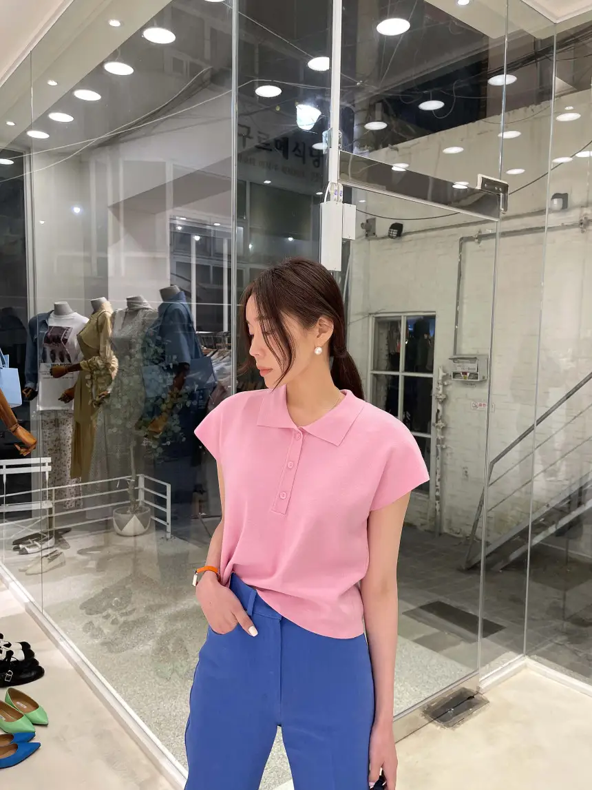 폴드 칼라 폴리에스터 니트 티셔츠 상세 이미지 20