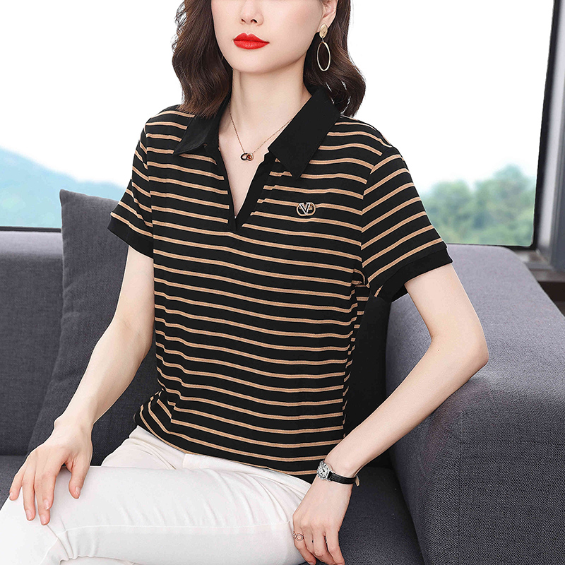 MY8087# 条纹短袖T恤女夏季新款洋气时尚中年妈妈装上衣POLO领小衫女裝貨源服裝批發