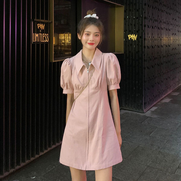 KM10654#新款粉色连衣裙女夏季气质泡泡袖小个子polo裙子女装