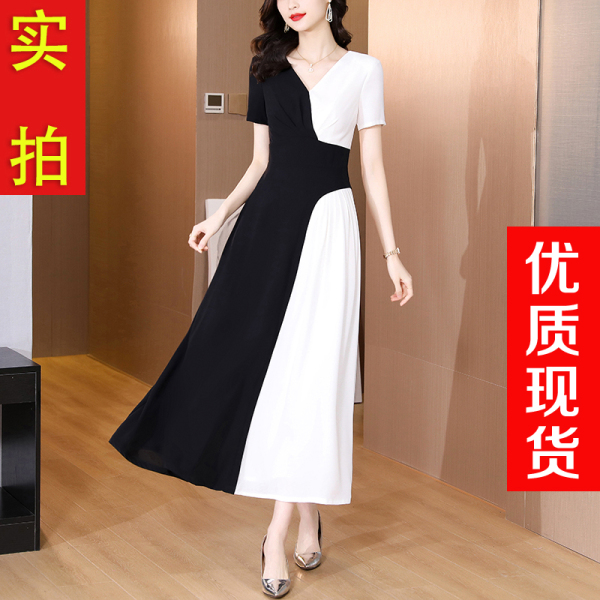 RM8021#夏季新款短袖设计感气质显瘦修身时尚撞色拼接连衣裙