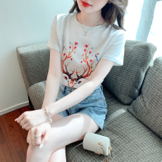 2023新款夏季真丝缎面短袖t恤女印花桑蚕丝韩版宽松百搭显瘦上衣