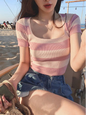 加州假日撞色条纹方领针织上衣2022年夏季设计感修身T恤女