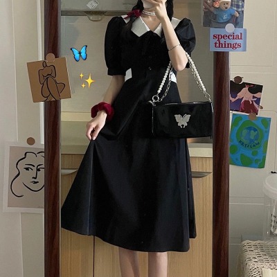 法式小众气质显瘦小裙子女夏季收腰泡泡袖黑色连衣裙中长款小黑裙