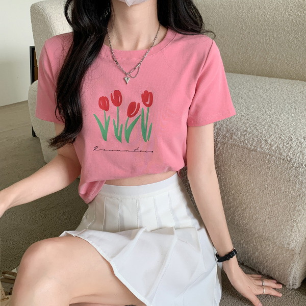 KM10627#新款韩版复古小花图案印花短袖T恤女宽松ins小众显瘦上衣