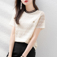 2022夏季新妻子夏洋气简约百搭撞色蕾丝宽松上衣女式宽松短袖T恤