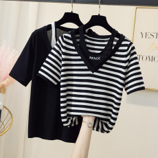 批发实拍胖MM大码夏新款条纹假两件冰丝针织宽松显瘦短袖t恤