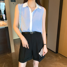 批发实拍洋气条纹夏季坎肩背心女外穿衬衫无袖雪纺<b class='q'>打底</b>衫内搭<b class='q'>上衣</b>