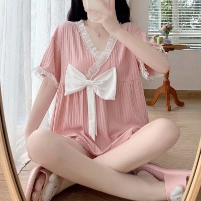 夏季睡衣女短袖短裤甜美性感v领蕾丝花边家居服套装可外穿