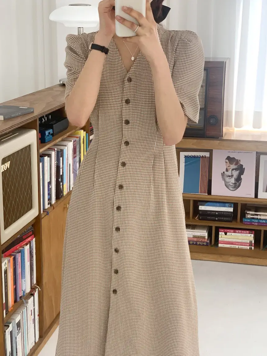 V넥 퍼프소매 블루/브라운 원피스 상세 이미지 20