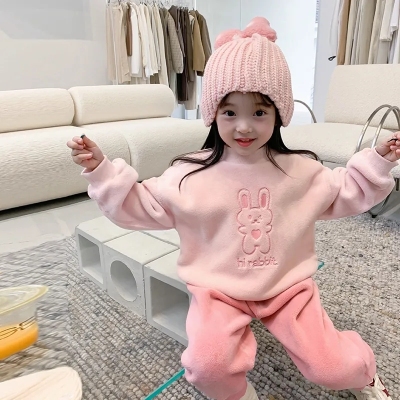 女童运动套装2022新款秋冬保暖奥粒绒加绒衣服儿童卫衣女宝宝裤子