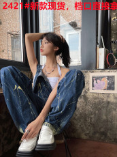 CCUP SPACE 痞帅泼墨超宽松水洗牛仔背带裤女2021年秋季新款长裤