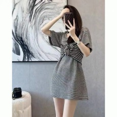 批发小香风T恤连衣裙女2026夏季新款时尚宽松中长款蝴蝶结条纹上衣