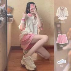 批发528#休闲运动套装女夏季新款盐甜系学院风宽松短袖短裤<b class='q'>时尚</b>两件套