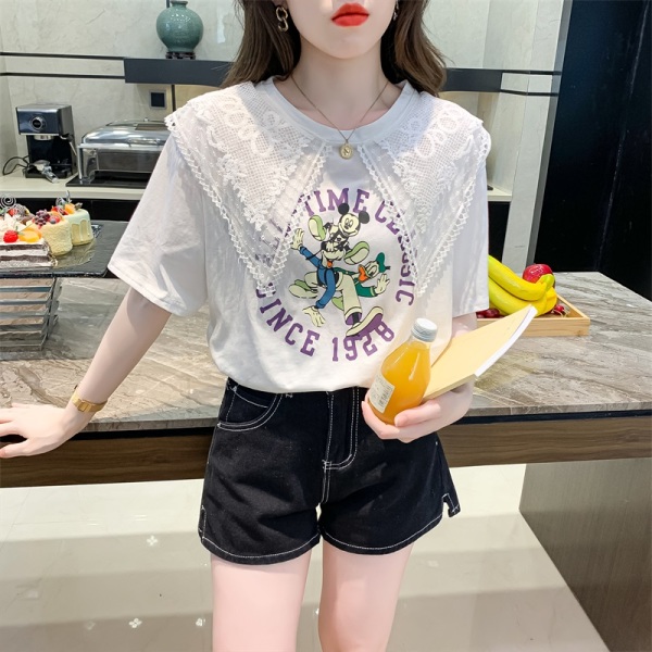 KM13437#夏季新款蕾丝双层娃娃领卡通印花T恤上衣