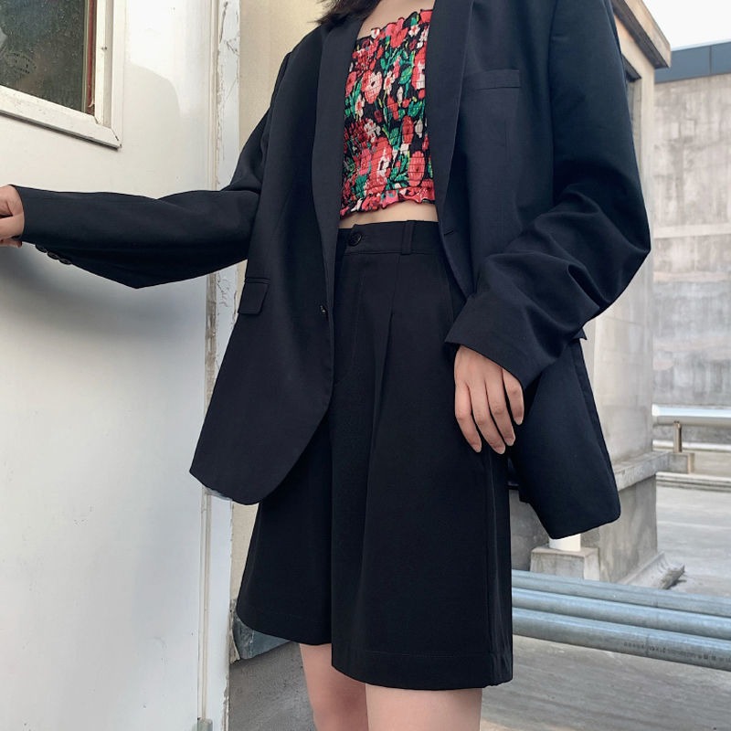 Drape suit shorts women's summer loose high-waisted five-quarter pants large size medium pants A-line casual straight wide-leg pants