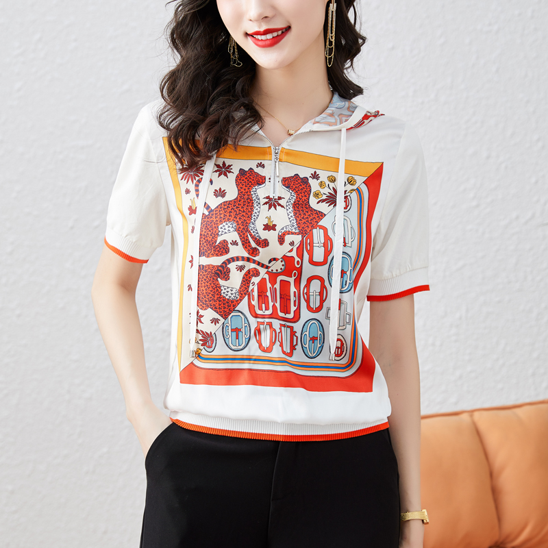 RY760# 高端仿真丝印花女夏2026新款连帽拼接卫衣防嗮半袖外搭上衣