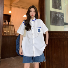 批发潮牌项链短袖衬衫女夏季设计感小众法式别致<b class='q'>复古</b>chic港味衬衣上衣