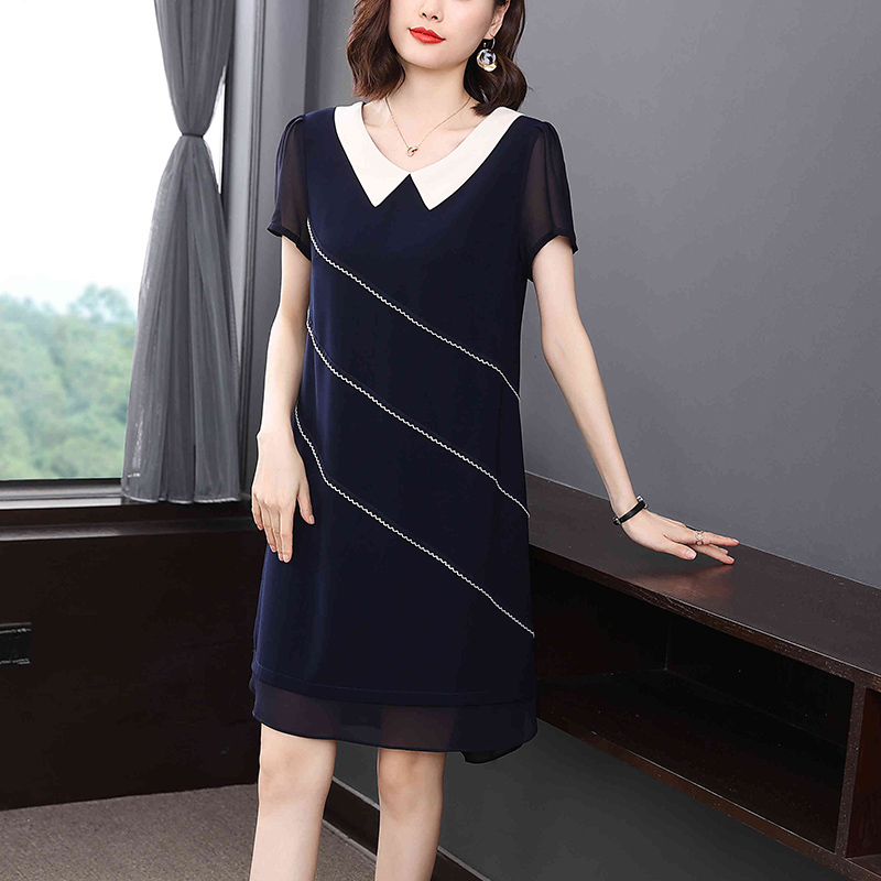 MY8060# 夏季新款短袖雪纺连衣裙撞色领大码宽松遮肚中长款裙子女裝貨源服裝批發