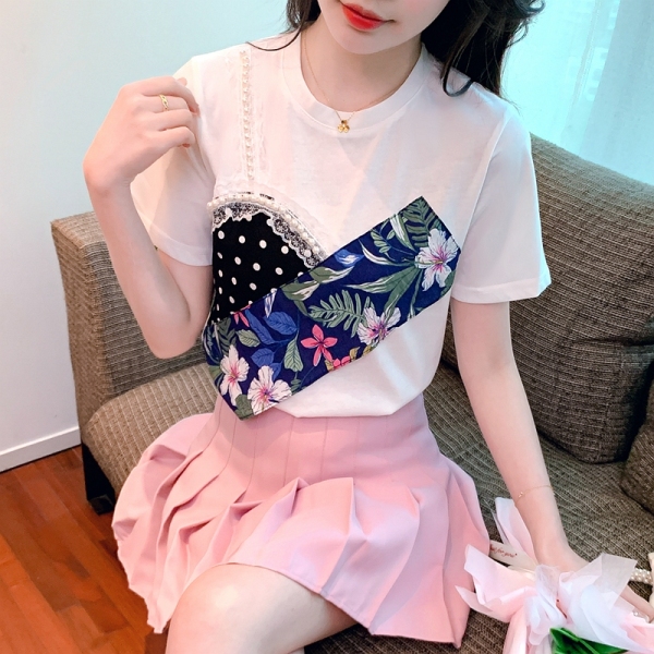 KM11423#印花拼接短袖t恤女设计感女小众时尚韩版宽松圆领上衣女