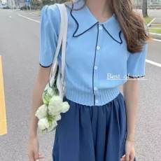 批发BEST OF YOU早春新款2026韩版净色洋气小清新撞色边<b class='q'>个性</b>领针织衫