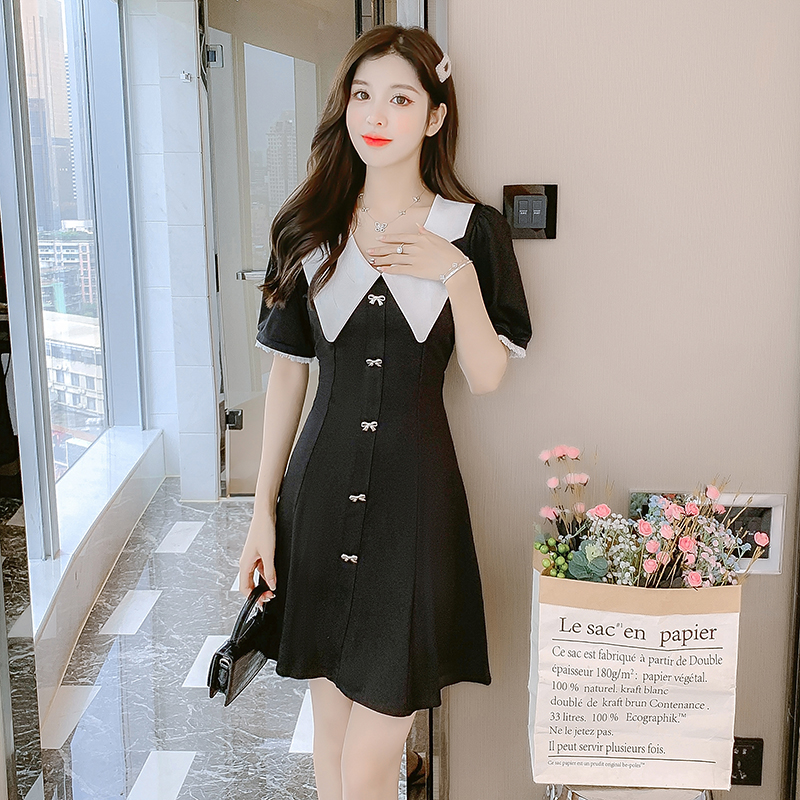 실사 여름 새로운 달콤함 연령 감소 베이비 칼라 나비 버클 허리 수축 슬림해 보이는 쇼트 스타일 한 마디 드레스