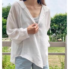 批发<b class='q'>韩版</b>春夏季连帽白色衬衫原宿风宽松百搭防晒衣外套女休闲衬衣