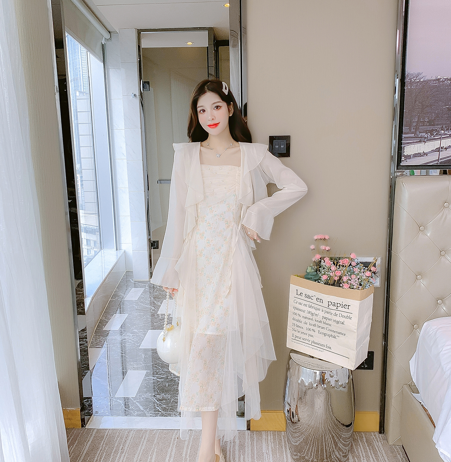 실사 26 여름 달콤함 망사 슬립 프린트 요정 드레스 긴팔 자외선 차단 오픈 가디건 두 조각 패션 세트 여성