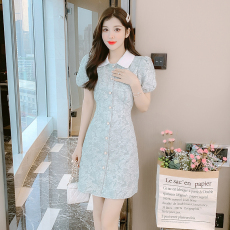 批发实拍款高级感法式小香风泡泡袖polo领连衣裙子女设计感小众夏