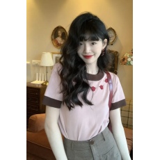 批发特价夏季时尚圆领短袖毛针织衫女拼色<b class='q'>花朵</b>港味复古上衣小衫潮
