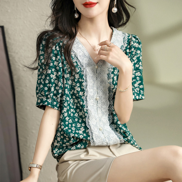 KM12229#时尚V领休闲夏季新款钉珠衬衣宽松韩版女式衬衫