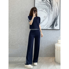 批发<b class='q'>欧洲站</b>气质运动冰丝针织<b class='q'>套装</b>夏装新款侧拼接上衣+阔腿裤两件套女