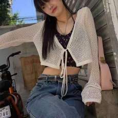 批发小仙倪子v领<b class='q'>针织衫</b>女薄款春季新款短款法式爆款外搭防晒开